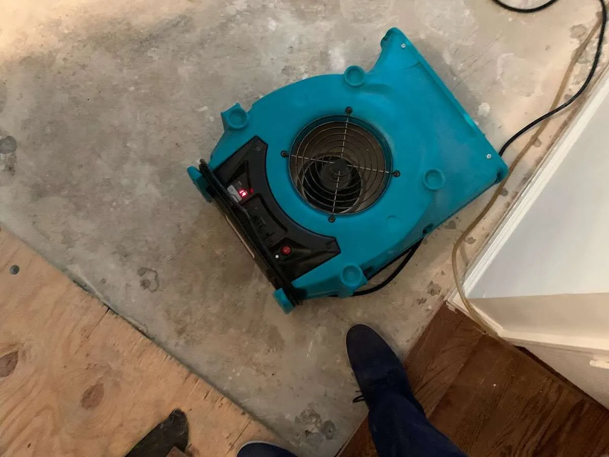Air mover drying subfloor during Commercial Water Damage Restoration in Roanoke